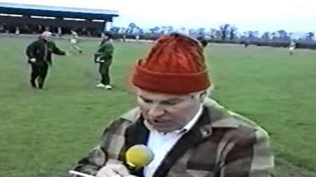 A still taken from Eddie Moroney's famous video commentary of the 1992 Tipperary U21 football final between Aherlow and Éire Óg Nenagh. 