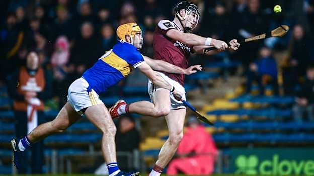Darragh Neary, Galway, and Conor Stakelum, Tipperary, in Allianz Hurling League action. Photo by Ben McShane/Sportsfile
