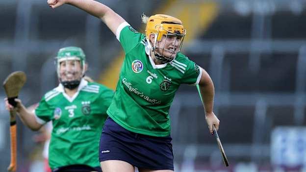 Sarsfields centre-back, Maria Cooney, celebrates after her team's victory over Loughiel Shamrocks in the AIB All-Ireland Club Camogie Championship semi-final.