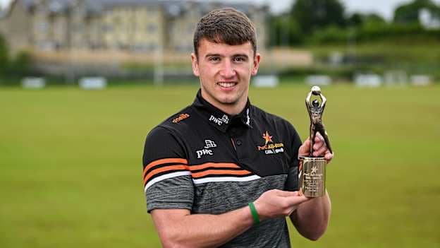 PwC GAA/GPA Player of the Month for May in football, Peadar Mogan of Donegal, with his award at his club Naomh Naille GAA in Mountcharles, Donegal. Photo by Brendan Moran/Sportsfile.