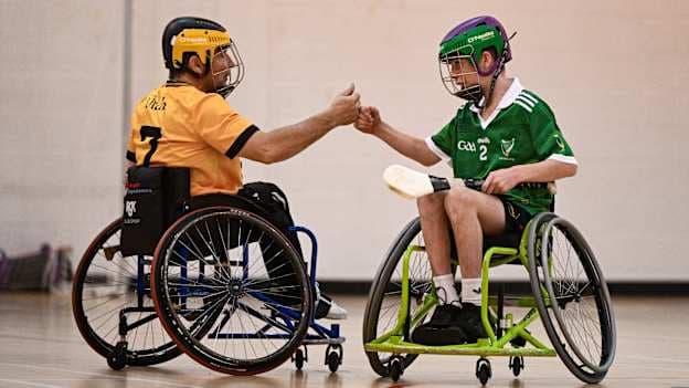 Cormac Nolan, Leinster, and Paul Hannon, Ulster, M. Donnelly GAA Wheelchair Hurling & Camogie Finals action last year. Photo by Ben McShane/Sportsfile
