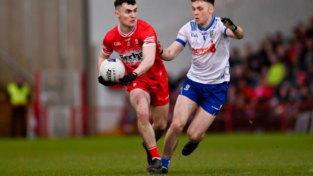 Diarmuid Baker, Derry, and Ciaran McNulty, Monaghan, in Allianz Football League action. Photo by Ramsey Cardy/Sportsfile