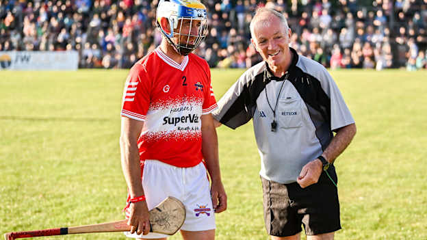 Jockey Davy Russell playing for Davy Russell's Best and Referee Dickie Murphy during the Hurling for Cancer Research 2024 charity match at Netwatch Cullen Park in Carlow. Photo by Piaras Ó Mídheach/Sportsfile.