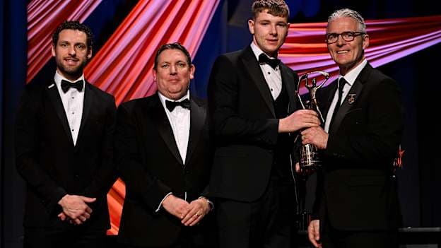 Galway hurler Jason Rabbitte is presented with his PwC GAA/GPA All-Star award by, from left, Gaelic Players Association chief executive Tom Parsons, PwC managing partner Enda McDonagh and Uachtarán Chumann Lúthchleas Gael Jarlath Burns during the 2026 PwC GAA/GPA All-Star Awards at the RDS in Dublin. Photo by Ramsey Cardy/Sportsfile.