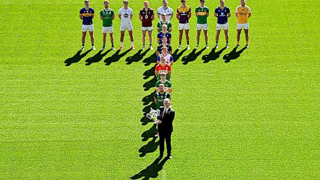 Players from the competing counties pictured with Uachtarán Chumann Lúthchleas Gael Jarlath Burns at the launch of the Tailteann Cup. Photo by Sam Barnes/Sportsfile