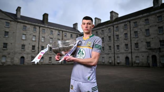 Sean Brennan of Meath poses for a portrait with the Delaney Cup at the launch of the 2024 Leinster GAA Senior Football Championship, in the National Museum of Ireland Dublin. Photo by Brendan Moran/Sportsfile.