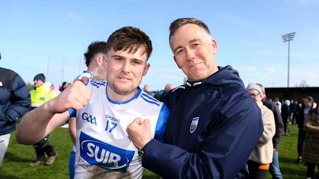 Waterford manager Paul Shankey, right, celebrates with Alan Dunwoody after their side's victory in the Munster GAA Football Senior Championship quarter-final match between Waterford and Tipperary at Fraher Field in Dungarvan, Waterford. Photo by Michael P Ryan/Sportsfile.