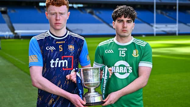 Liam Greene, captain of Cnoc Mhuire Granard in Longford, left, and Conor Moriarty, captain of St Nathy's Ballaghaderreen, Roscommon, with the cup ahead of the upcoming Masita All Ireland PPS Paddy Drummond Football Final during the Masita All-Ireland Post Primary Schools Finals 2026 launch at Croke Park in Dublin. Photo by Piaras Ó Mídheach/Sportsfile.