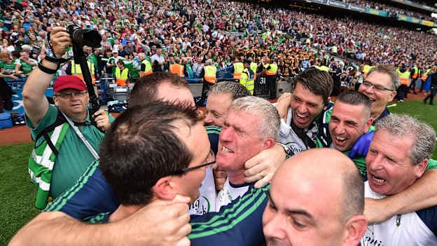 Limerick manager John Kiely, centre, celebrates with backroom staff following the GAA Hurling All-Ireland Senior Championship Final match between Galway and Limerick at Croke Park in Dublin. Photo by Seb Daly/Sportsfile.
