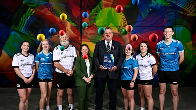 In attendance are GAA Handball Uachtarán, Kevin Cooke and Head of GAA Handball Lizzie Lynch, centre, alongside players, from left, Ciara Mahon, Lauren O'Reilly, Frank Daly, Anne Marie O'Reilly, Ciara O'Reilly and Fíachra Ó Dúill for the GAA Handball strategy launch at Croke Park in Dublin. Photo by David Fitzgerald/Sportsfile