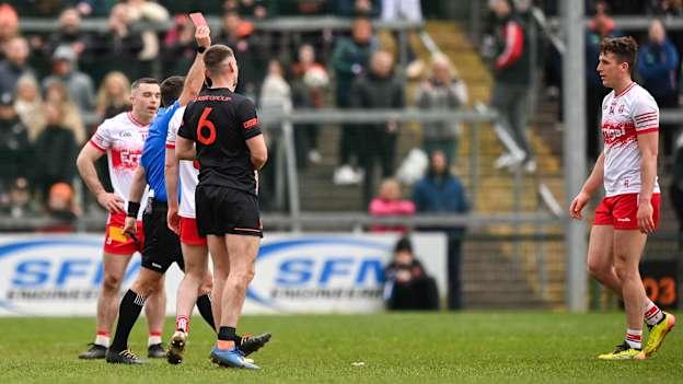 Shane McGuigan of Derry is shown a red card by referee David Gough during the Allianz Football League Division 1 match between Armagh and Derry at BOX-IT Athletic Grounds in Armagh. Photo by Ramsey Cardy/Sportsfile.