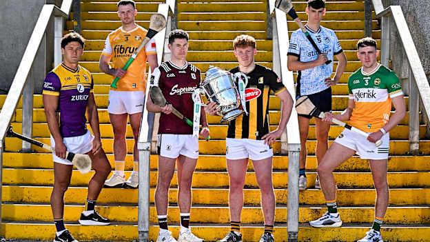 In attendance at the launch of the 2025 Leinster GAA Senior Hurling Championship at UPMC Nowlan Park in Kilkenny are, from left, Lee Chin of Wexford, Paddy Burke of Antrim, Cianán Fahy of Galway, John Donnelly of Kilkenny holding the Bob O'Keeffe Cup, Brian Hayes of Dublin and Ciarán Burke of Offaly. Photo by Sam Barnes/Sportsfile.
