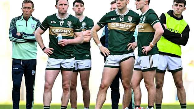 Kerry players David Clifford, centre, and Seán O'Shea, right, after their side's defeat in the Allianz Football League Division 1 final match between Kerry and Donegal at Croke Park in Dublin. Photo by Seb Daly/Sportsfile.