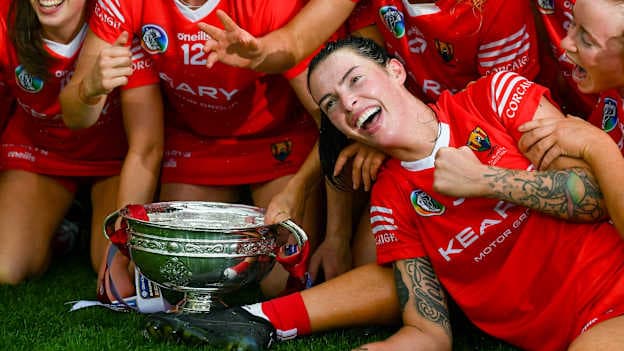 Cork players including Ashling Thompson celebrate with O'Duffy Cup after the Glen Dimplex All-Ireland Camogie Championship Premier Senior Final match between Waterford and Cork at Croke Park in Dublin. Photo by Stephen Marken/Sportsfile.