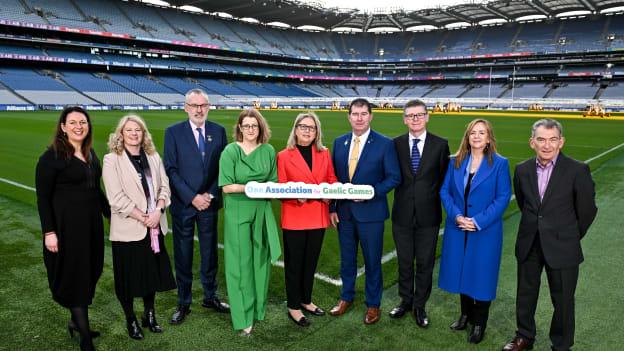 In attendance during the media update on the integration process involving the Camogie Association, the GAA and LGFA, are, from left, Camogie Association Chief Executive Officer Sinead McNulty, Project Coordinator Aoibhe Dunne, Uachtarán Chumann Lúthchleas Gael Larry McCarthy, Camogie Association President Hilda Breslin, Steering Committee Chairperson Mary McAleese, Uachtarán Cumann Peil Gael na mBan Mícheál Naughton, Ard Stiúrthóir of the GAA Tom Ryan, LGFA Chief Executive Officer Helen O'Rourke and Project Manager Mark Dorman at Croke Park in Dublin. Photo by Sam Barnes/Sportsfile