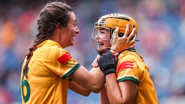 Antrim's Becky Ellis and Maeve Kelly celebrate after victory over Laois in the Glen Dimplex All-Ireland Intermediate Camogie Final. ©INPHO/Tom Maher