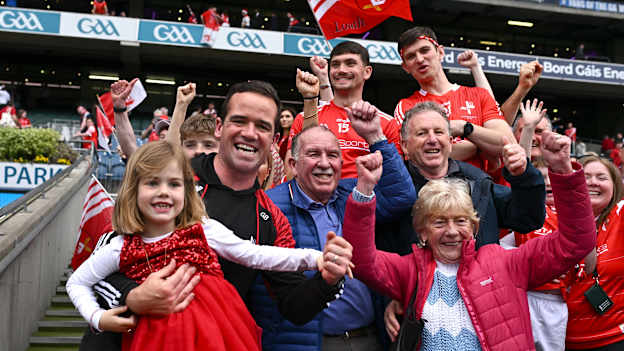 Louth manager Ger Brennan celebrates with family after the Leinster GAA Football Senior Championship final match between Louth and Meath at Croke Park in Dublin. Photo by Piaras Ó Mídheach/Sportsfile.