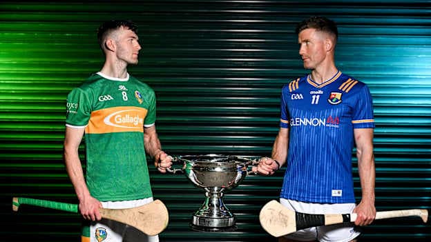 Leitrim hurler Paul Lenehan, left, and Longford hurler Cathal Mullane pictured with the Lory Meagher cup during the launch of the Christy Ring, Nickey Rackard and Lory Meagher cup competitions at Croke Park in Dublin. Photo by Sam Barnes/Sportsfile.