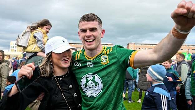 Eoghan Frayne of Meath celebrates with his girlfriend Rachel Brady after the Leinster GAA Football Senior Championship semi-final match between Dublin and Meath at Laois Hire O'Moore Park in Portlaoise, Laois. Photo by Ray McManus/Sportsfile.
