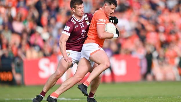 Aaron McKay, Armagh, and John Heslin, Westmeath, in All-Ireland SFC action. Photo by Ben McShane/Sportsfile