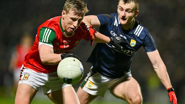 Ryan O'Donoghue of Mayo in action against Tom O'Sullivan of Kerry during the 2024 Allianz Football League Division 1 match between Kerry and Mayo at Austin Stack Park in Tralee, Kerry. Photo by Brendan Moran/Sportsfile.