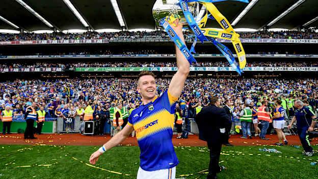Pádraic Maher of Tipperary celebrates with the Liam MacCarthy cup after the 2016 GAA Hurling All-Ireland Senior Championship Final match between Kilkenny and Tipperary at Croke Park in Dublin. Photo by Brendan Moran/Sportsfile.