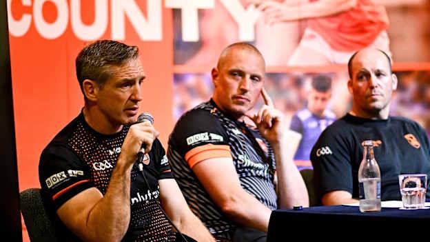 Manager Kieran McGeeney, left, with selectors Kieran Donaghy and Ciarán McKeever during an Armagh Media Conference ahead of the GAA Football All-Ireland Senior Championship Final at the Carrickdale Hotel in Dundalk, Louth. Photo by Harry Murphy/Sportsfile.