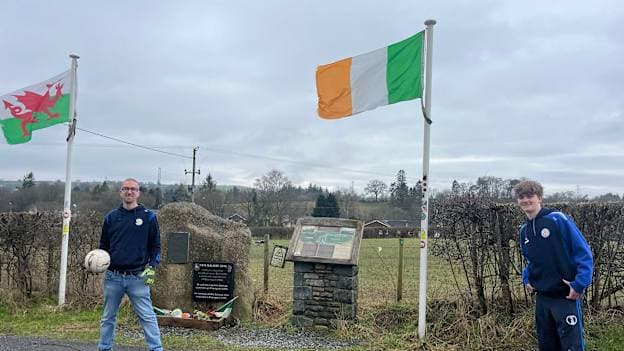 Gloucestershire GAA and St. Colmcille's GAA Club Youth Officer, Matt Hutchinson, pictured with his son Finn at the site of Frongoch Internment camp in Wales where Irish republican prisoners were imprisoned after the 1916 rising and played Gaelic games on a pitch still known as 'Croke Park' by locals. 