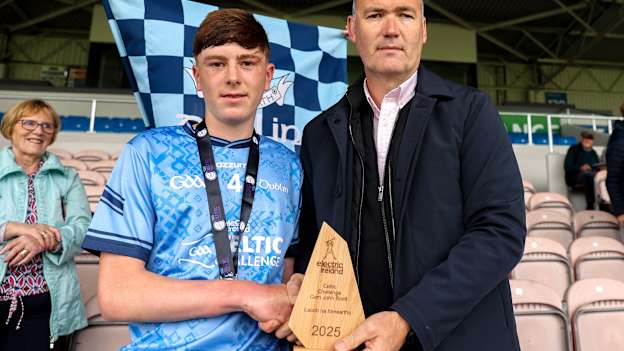 GAA National Head of Hurling William Maher presents the player of the match to Kyle Comerford of Dublin after the Electric Ireland Celtic Challenge Corn John Scott final match between Clare and Dublin at FBD Semple Stadium in Thurles, Tipperary. Photo by Michael P Ryan/Sportsfile.