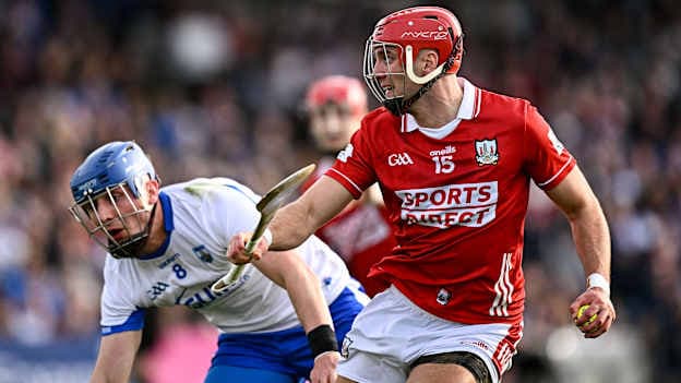 Brian Hayes, Cork, and Paddy Leavey, Waterford, in Munster SHC action. Photo by Seb Daly/Sportsfile