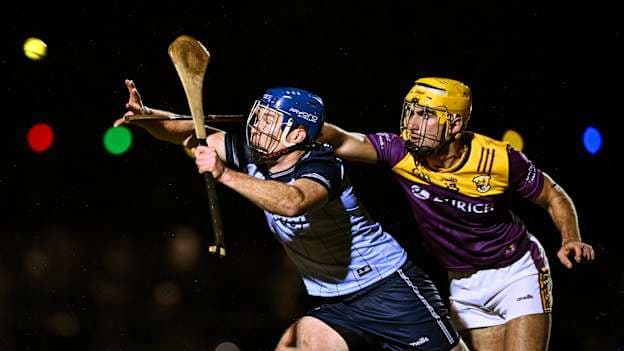 John Bellew, Dublin, and Tomás Kinsella, Wexford, in Diorlalyte Walsh Cup action. Photo by Ben McShane/Sportsfile