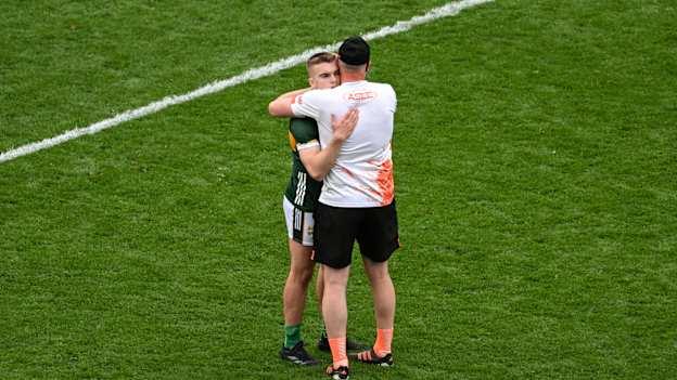 Armagh selector Kieran Donaghy consoles his Austin Stacks' clubmate Dylan Casey after the GAA Football All-Ireland Senior Championship semi-final match between Armagh and Kerry at Croke Park in Dublin. Photo by Daire Brennan/Sportsfile.