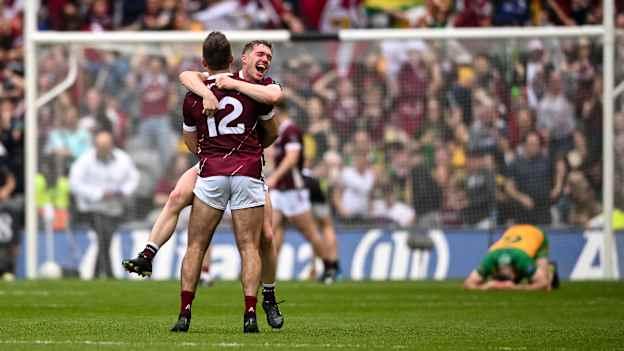 Galway's Jack Glynn and Cillian McDaid celebrate at Croke Park. Photo by David Fitzgerald/Sportsfile