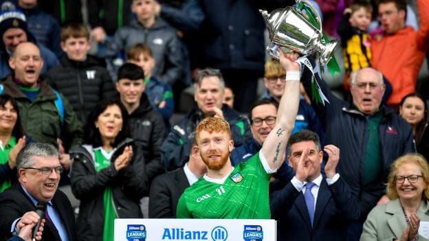 Limerick captain Cian Lynch lifts the cup after the 2023 Allianz Hurling League Final match between Kilkenny and Limerick at Páirc Ui Chaoimh in Cork. Photo by Eóin Noonan/Sportsfile