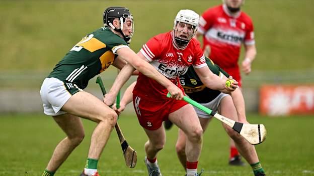 Padhraig Neilis, Derry, and Ronan Walsh and Oisín Maunsell, Kerry, in Allianz Hurling League Division Two action.  Photo by Brendan Moran/Sportsfile