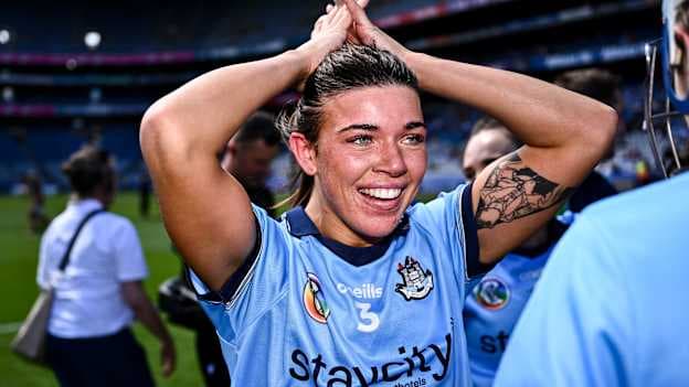 Emma O'Byrne of Dublin celebrates after her side's victory in the Glen Dimplex Senior All-Ireland Championship quarter-final match between Kilkenny and Dublin at Croke Park in Dublin. Photo by Piaras Ó Mídheach/Sportsfile.