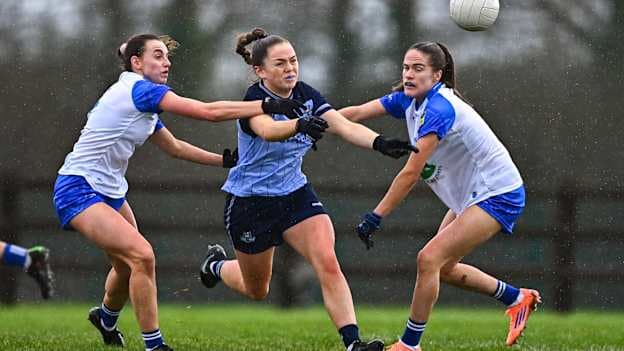 Laura Grendon, Dublin, and Rebecca Casey and Emma Murray, Waterford, in National Ladies Football League action. Photo by Tyler Miller/Sportsfile