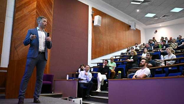 Chartered physiotherapist and founder of the Sports Physiotherapy and Athletic Rehabilitation Clinic, Eamon O'Reilly, addresses the 2024 Gaelic Games Player Welfare Conference. 