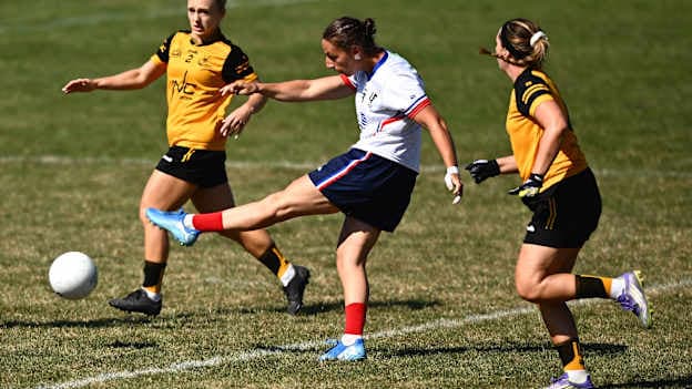 Action from the International LGFA Division 1 match between France B and Middle East during day three of the oneills.com GAA World Games 2026 at the SETU Arena in Carriganore, Waterford. Photo by Shauna Clinton/Sportsfile.