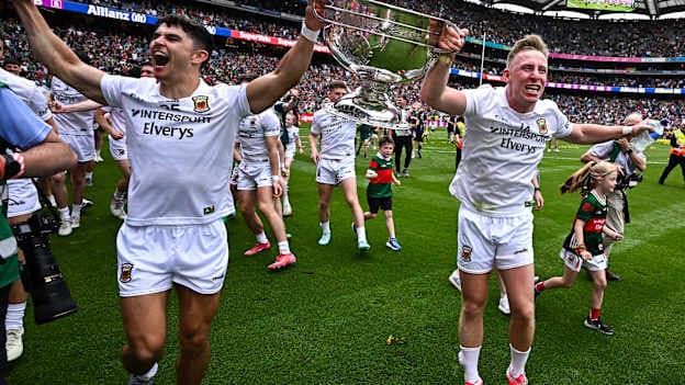 Tommy Conroy, left, and Ryan O'Donoghue of Mayo celebrate with the Sam Maguire cup after the GAA Football All-Ireland Senior Championship final match between Kerry and Mayo at Croke Park in Dublin. Photo by David Fitzgerald/Sportsfile.