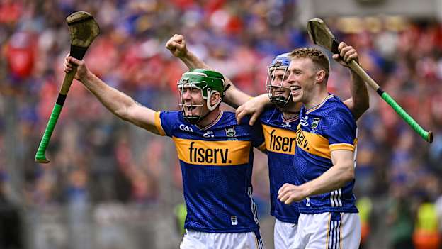 Noel, John, and Brian McGrath celebrate following the All-Ireland SHC Final at Croke Park. Photo by Piaras Ó Mídheach/Sportsfile