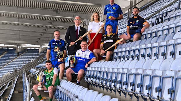 GAA Rounders president Paula Doherty and Uachtarán Chumann Lúthchleas Gael Jarlath Burns with Men finalists, back row, Damien McArdle of Erne Eagles, Cavan, Senior Men's, left, Mark Molloy of Gusserane, Wexford, Junior Men's and front row, from left, Oran Kiernan of Carrickmacross Emmets, Monaghan, Senior Men's, Barry Walsh of St Clare's, Cavan, Intermediate Men's, PJ Lalor of Myshall, Carlow, Junior Men's, and Kevin Doody of St Senan's, Limerick, Intermediate Men's at Croke Park for the launch of the upcoming GAA Rounders All-Ireland Competitions finals. Photo by Piaras Ó Mídheach/Sportsfile