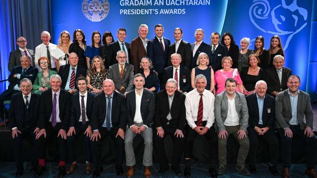 Connacht award recipient Tom Nally of St Michael’s GAA Club, Galway, with family, guests and Uachtarán Chumann Lúthchleas Gael Larry McCarthy during the Gradaim an Uachtaráin at Croke Park in Dublin. Photo by Stephen McCarthy/Sportsfile