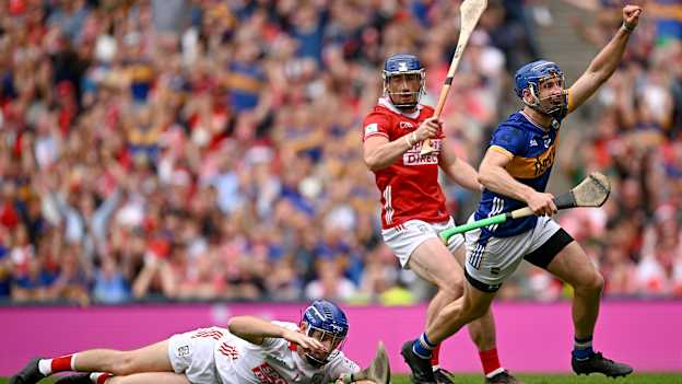 John McGrath of Tipperary celebrates after scoring his side's third goal during the GAA Hurling All-Ireland Senior Championship final match between Cork and Tipperary at Croke Park in Dublin. Photo by Seb Daly/Sportsfile