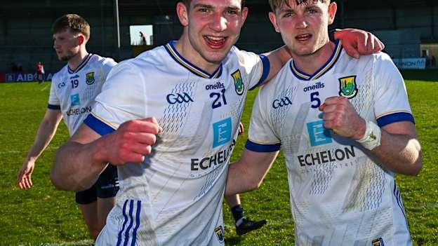 Conor Fee, left, and Joe Prendergast of Wicklow celebrate after the Leinster GAA Football Senior Championship round one match between Longford and Wicklow at Glennon Brothers Pearse Park in Longford. Photo by Ray McManus/Sportsfile.