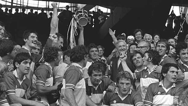 Offaly captain Padraig Horan lifts the Liam MacCarthy cup after the 1981 All-Ireland Senior Hurling Championship Final match between Offaly and Galway at Croke Park in Dublin. Photo by Ray McManus/Sportsfile.