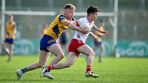 Ódhrán Brolly, Tyrone, and Robert Heneghan, Roscommon, in EirGrid All-Ireland U20 Football Championship Semi-Final action. Photo by Sam Barnes/Sportsfile