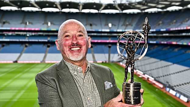Lifetime Achievement recipient Eugene "Nudie" Hughes with his award at the 2024 GPA Football Legends Lunch at Croke Park. Photo by Piaras Ó Mídheach/Sportsfile