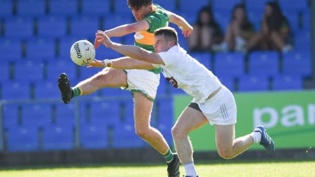 Jack Foley, Leitrim, and Jack Sargent, Kildare, in Tailteann Cup action. Photo by Tom Beary/Sportsfile