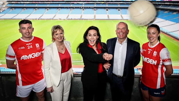 Pictured at the announcement of Amgen’s extended title sponsorship of Cuala GAA at Croke Park are Séan Brennan (Cuala player), Aisling Fay, Chairperson, Jennifer MacNeill Minster For Health, Paul Greene, Vice President, Site Operations, Amgen, Rachel Hartnett (Cuala player).